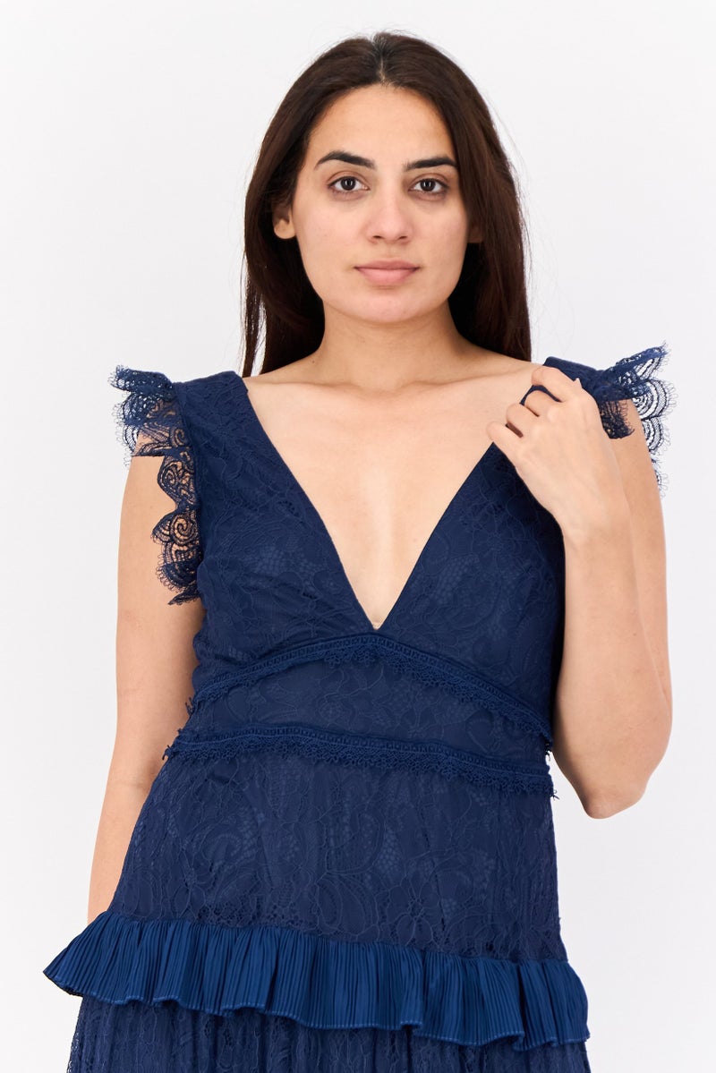 Lulus Women Lace Tiered Maxi Dress, Navy Blue - Image 3